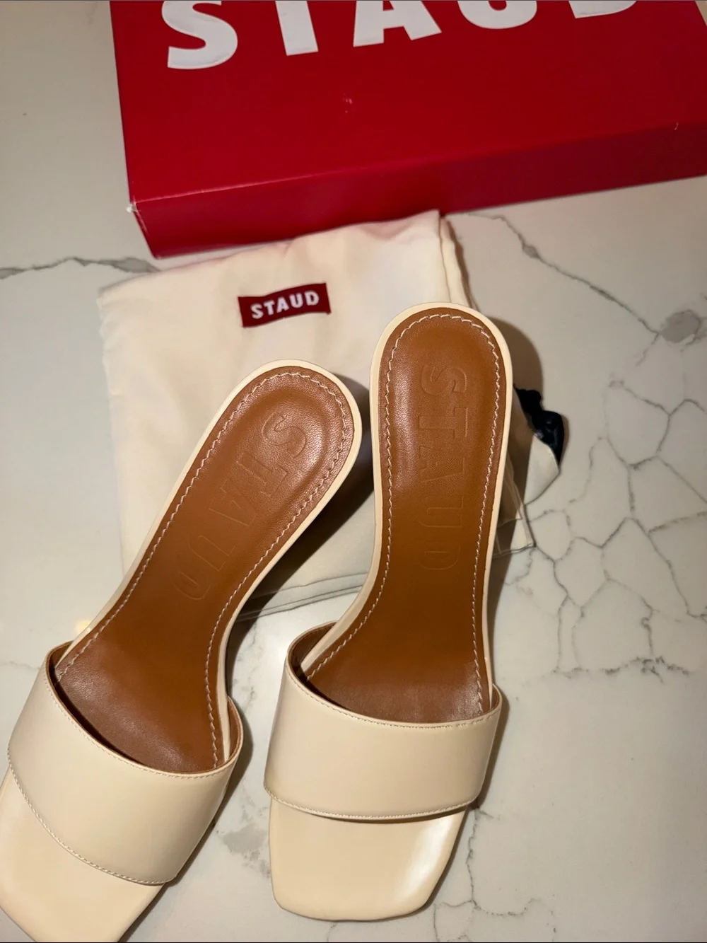 New in box! STAUD Billie Wedge Sandals in Cream and Wood